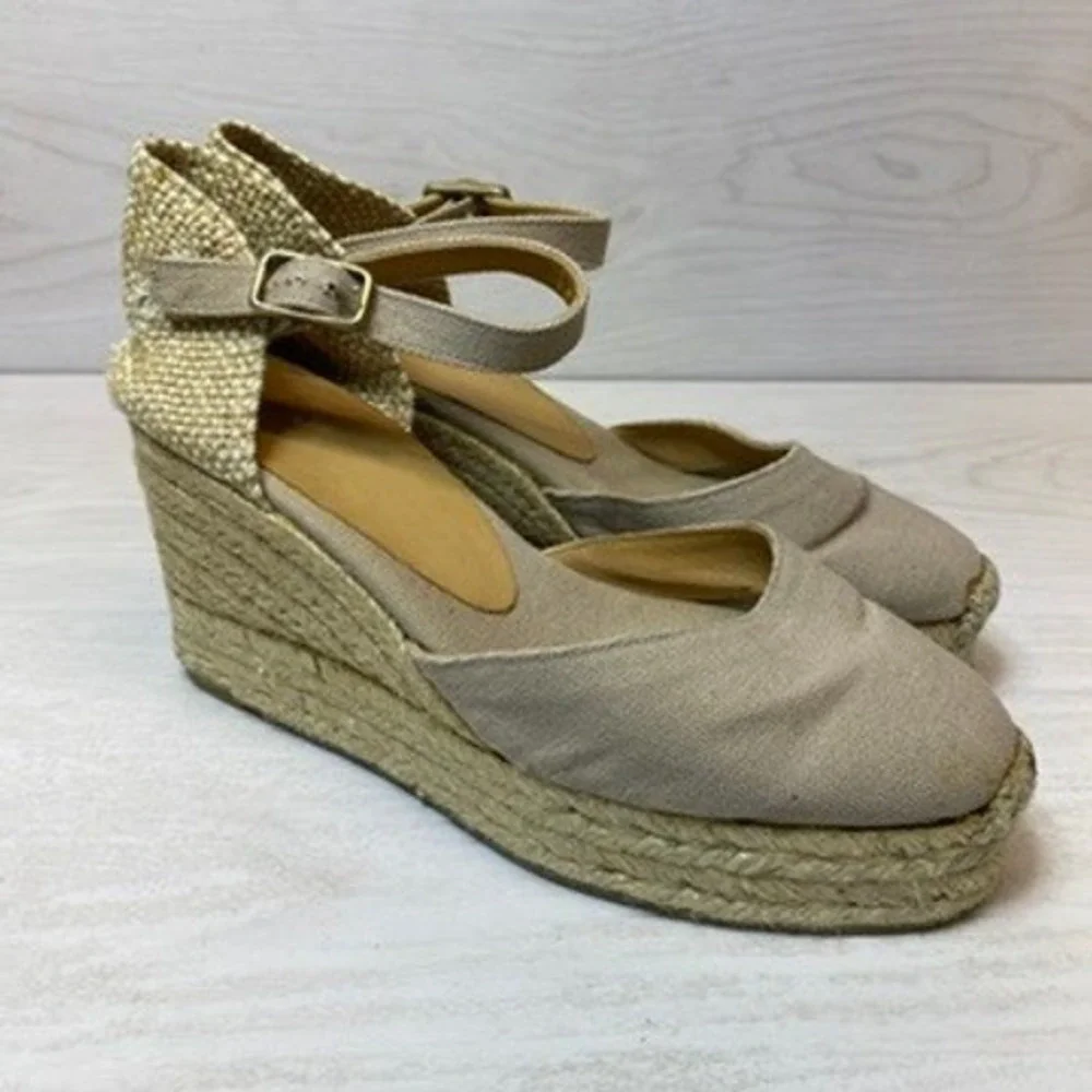 Castañer Women 6 36 Espadrille Wedge Sandal Ankle Strap Tan Canvas Jute Platform